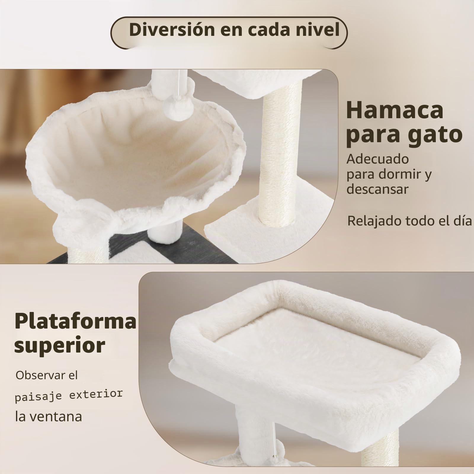 MAMIZO Árbol rascador con inodoro para gatos, árbol para gatos 2-en-1, nido de felpa desmontable, 119 cm de alto, cojines de felpa lavables, mueble para gatos, árbol rascador de madera, troncos de