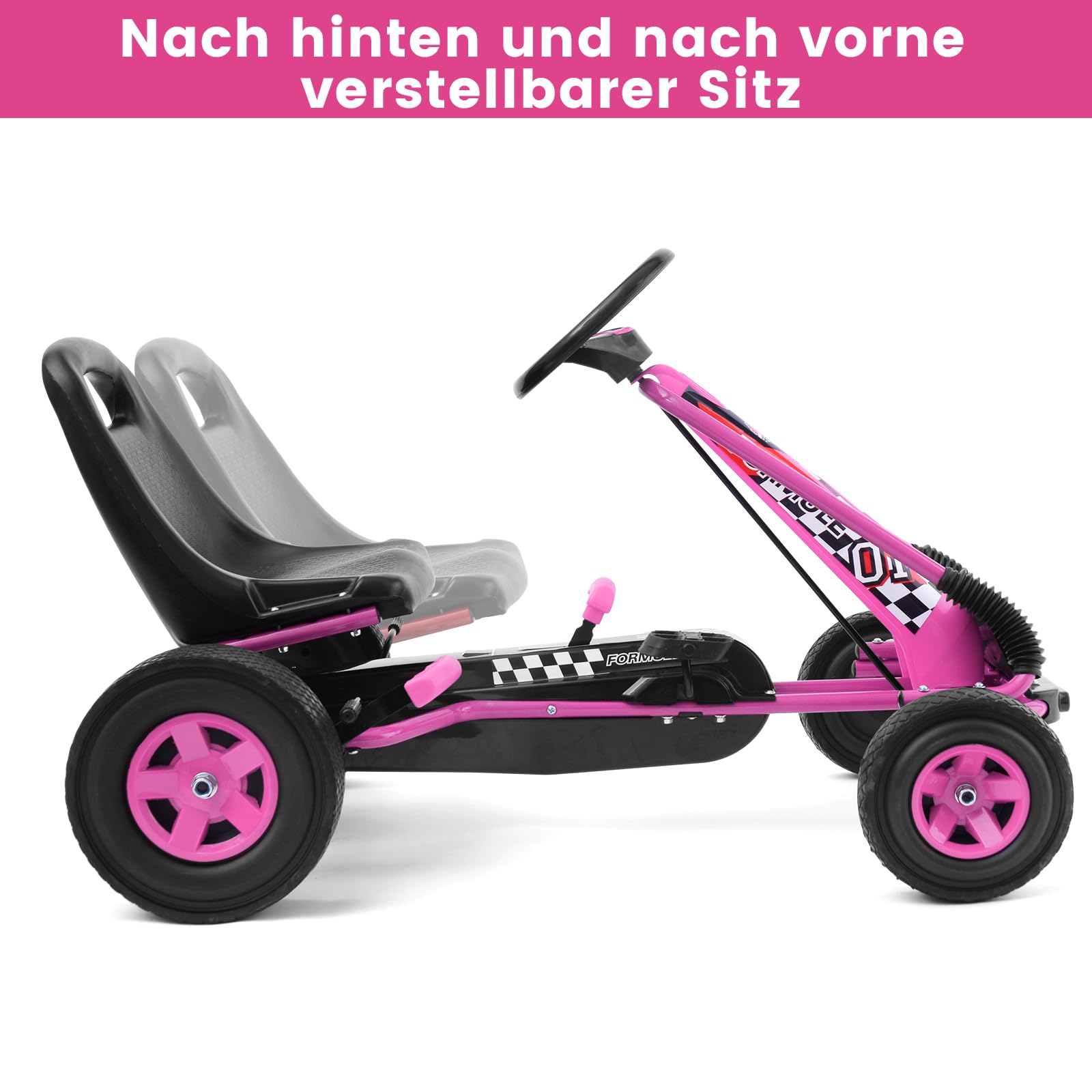 COSTWAY Gokart mit Handbremse und verstellbarem Sitz, Tretauto mit Vor- und Rückwärtsgang, Go Cart für Kinder ab 3 Jahren, Pedal Gokart Tretfahrzeug Pedalfahrzeug Kinderfahrzeug 98x59x61cm (rosa)