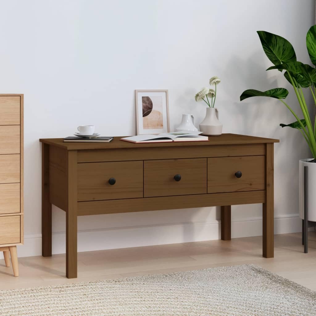 Table basse marron miel en bois de pin 102x49x55 cm avec 3 tiroirs pour rangement salon