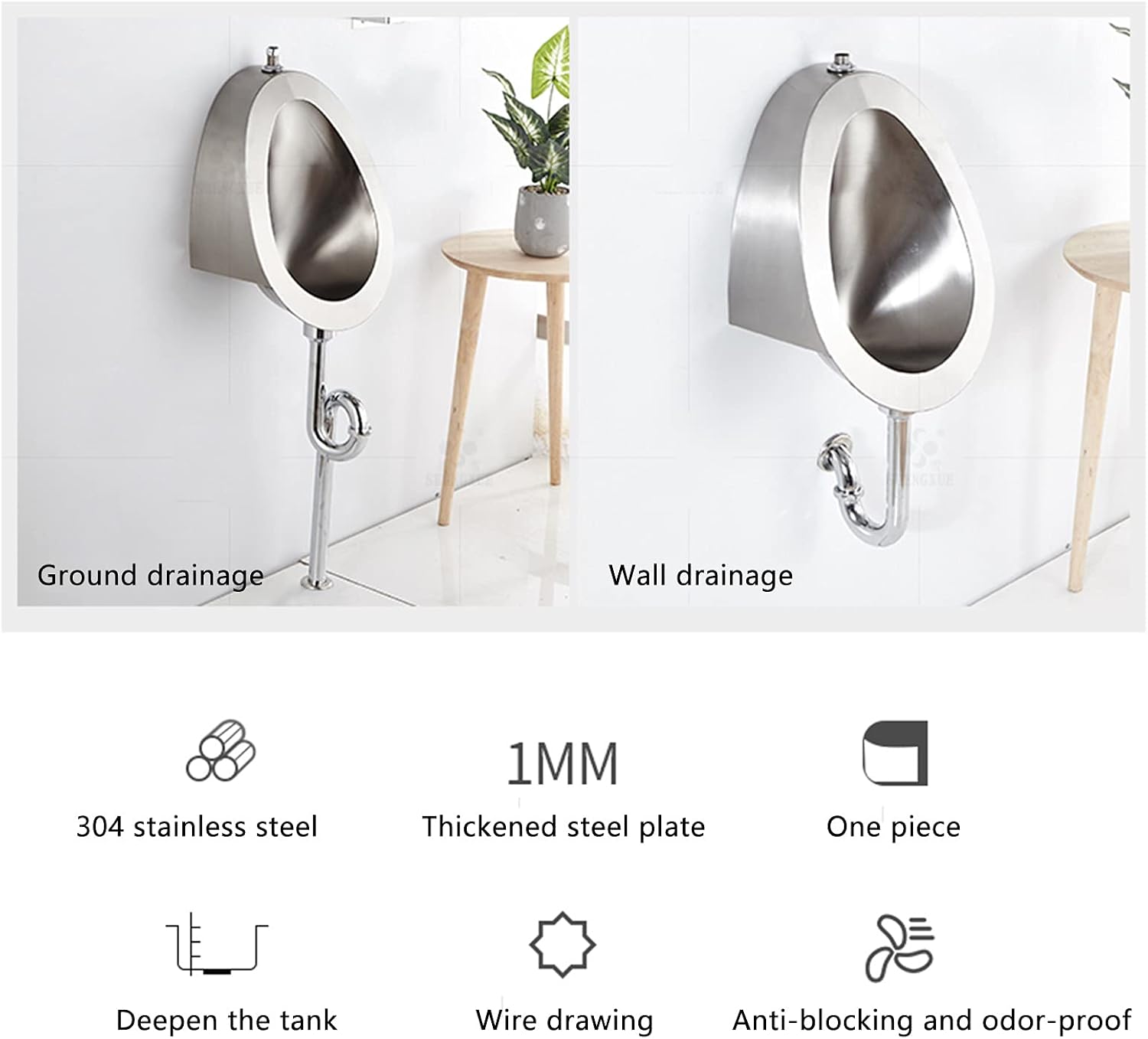 Stainless Steel Material Smart Sensor Urinal, Elongated Urinal Black with Flush Valve, High Efficiency Urinal Washout Wall Hung, for Home Hotel Restaurant-C,C
