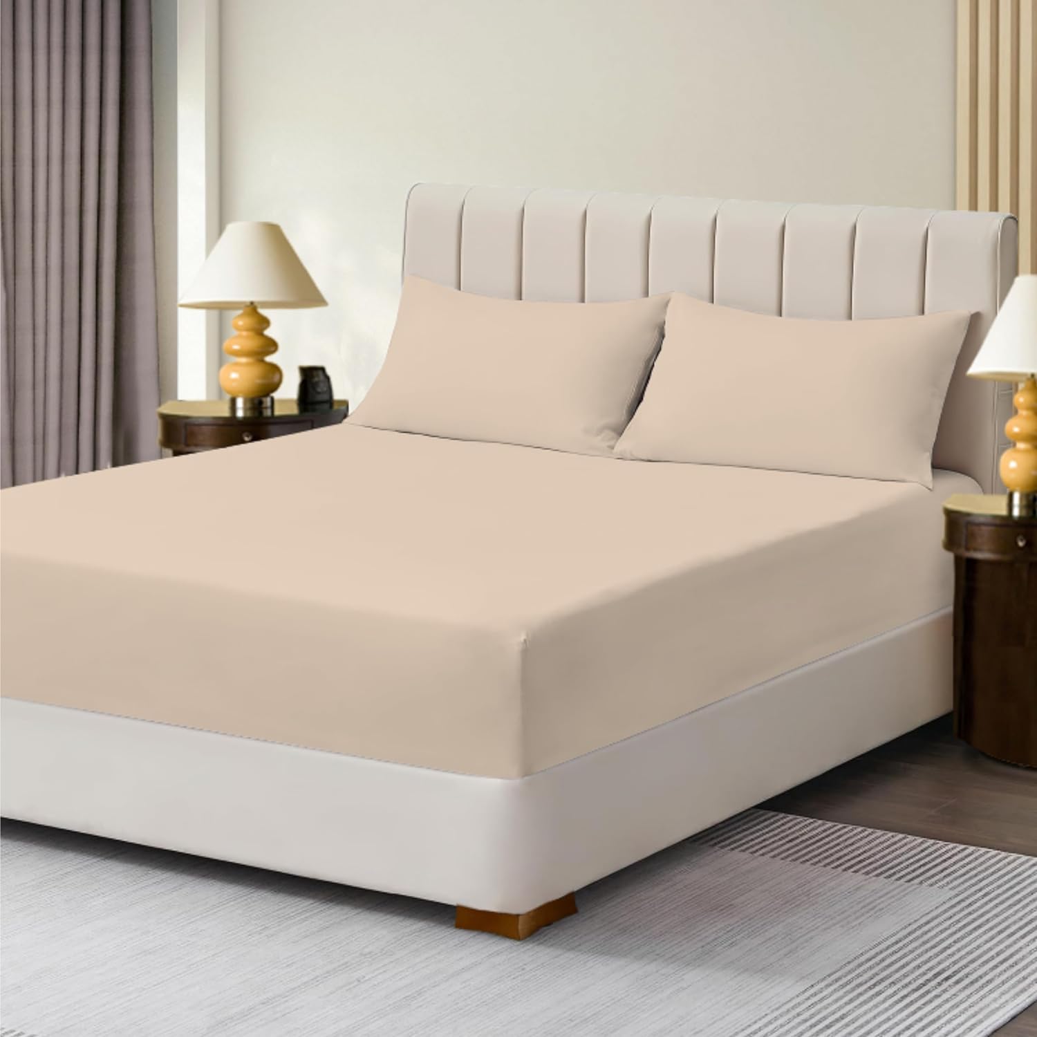 R&Z Latte Extra Deep Polycotton Non Iron Fitted Sheet Easy Care 40Cm (, Pillow Pair)