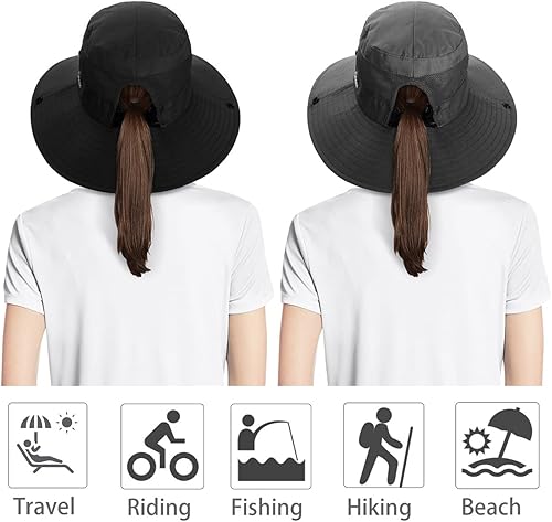 Miniatura 9 de IYEBRAO - Paquete de 2 sombreros de cola de caballo para mujer, con protección UV, sombreros plegables de ala ancha para verano, boonie, playa,