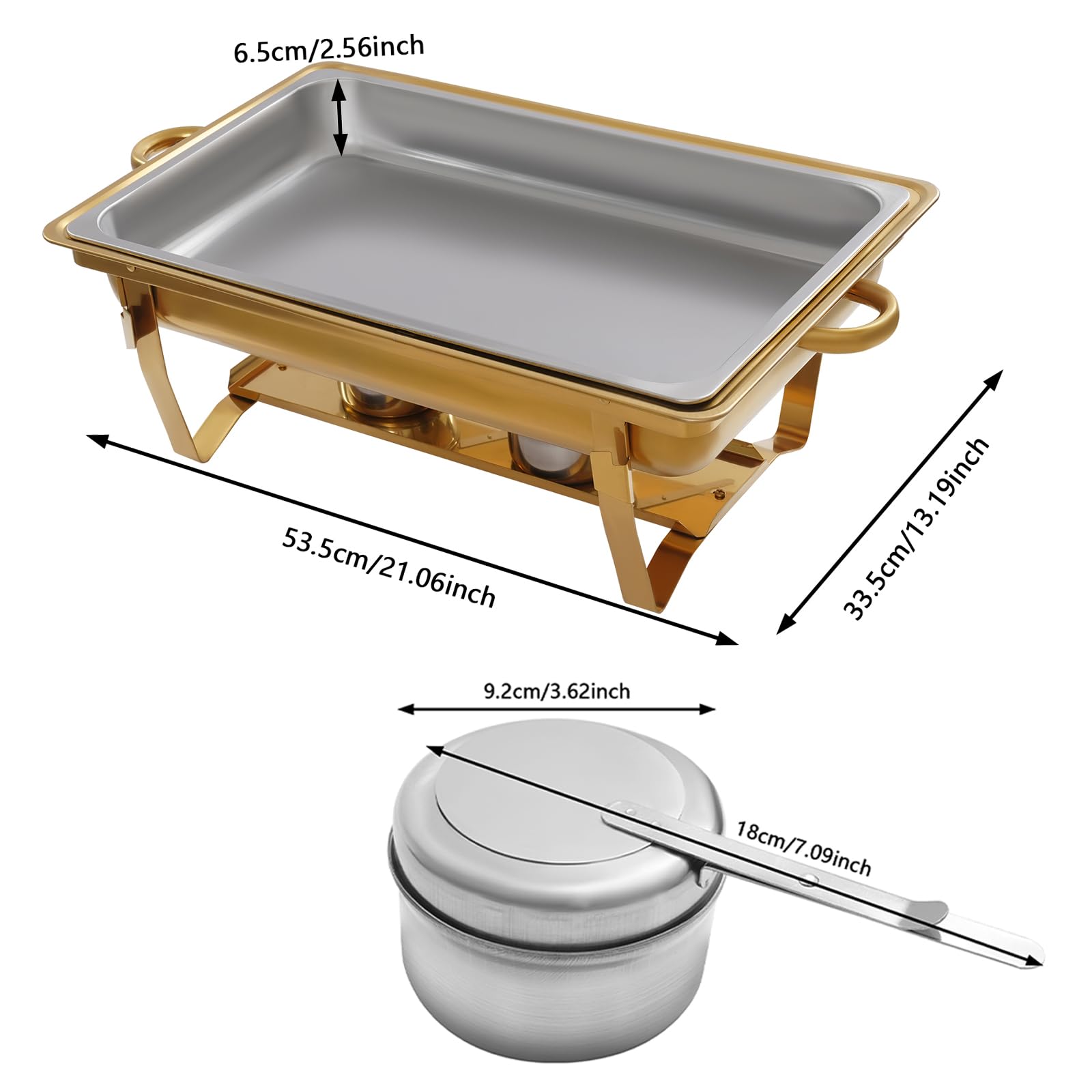 Zestaw 4 pojemników do podgrzewania Chafing Dish Golden – 7,5 l, ze stali nierdzewnej, profesjonalny zestaw wraz z 4 szczypcami do serwowania – do cateringu, bufetu, na imprezę (stal