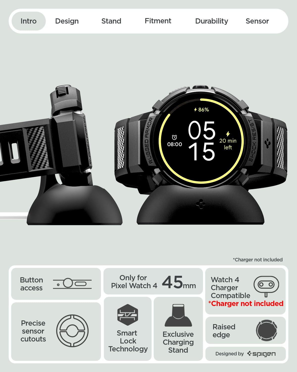 Spigen Rugged Armor Pro Coque avec Bracelet Compatible avec Google Pixel Watch 4 45mm (2025) avec socle de chargement - Noir Mat