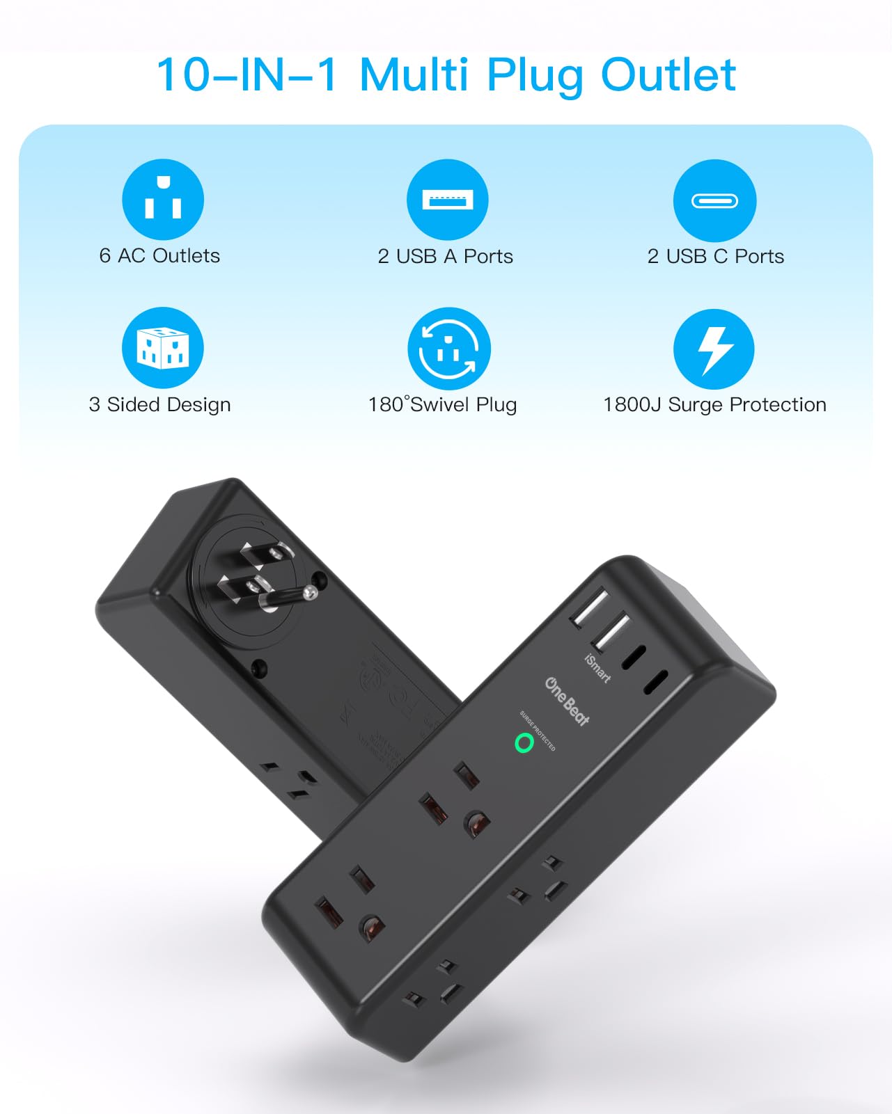 Surge Protector Outlet Extender - with Rotating Plug, 6 AC Multi Plug Outlet with 3 USB Ports (1 USB C), 1800 Joules, 3-Sided Swivel Power Strip with Spaced Outlet Spaced Outlet Splitter for Dorm