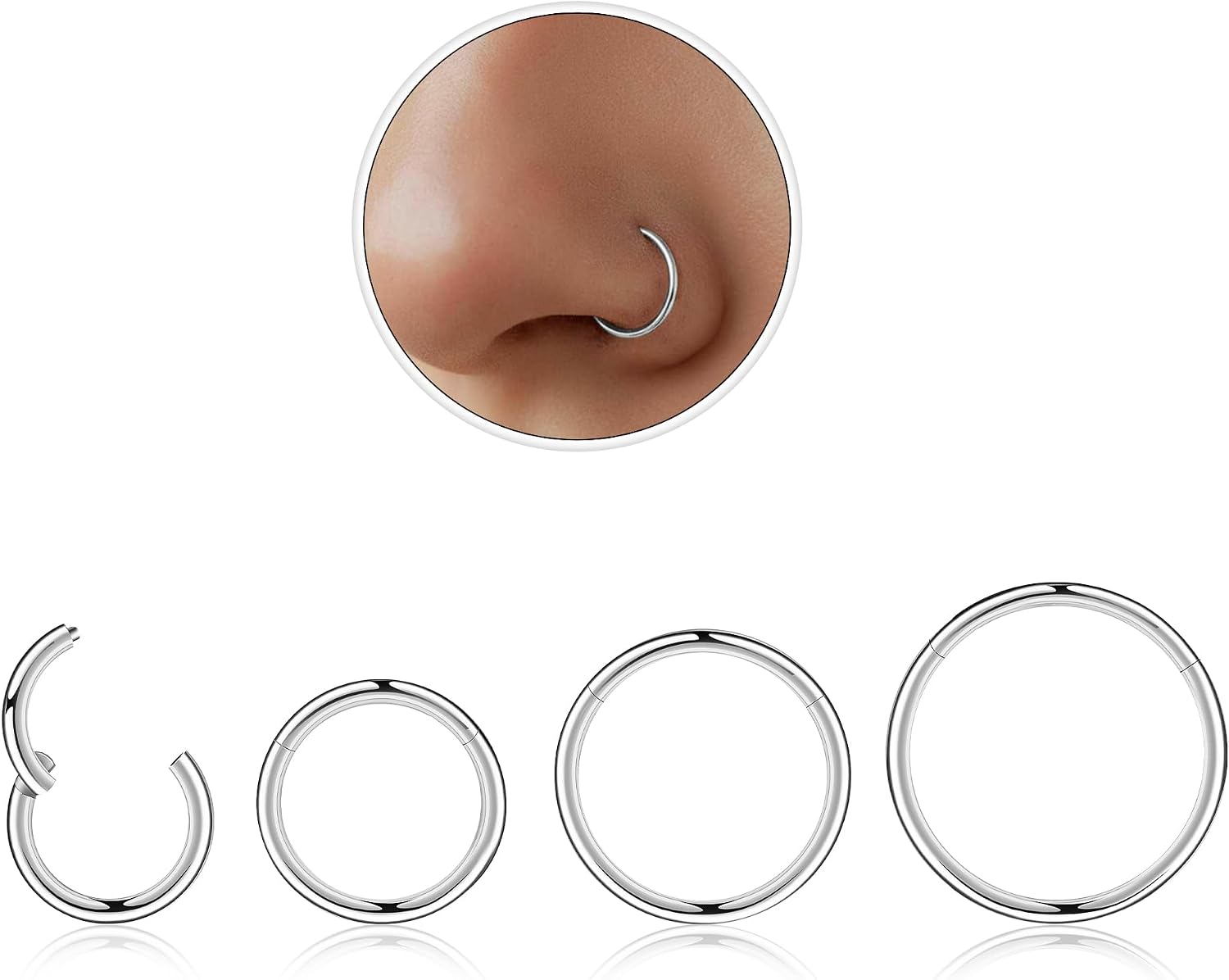 4Pcs Titanium Nose Rings Hoops for Women Men, 18G Gold/Silver Nose Hoops Hinged Clicker Septum Rings Tragus Conch Helix Daith Lip Body Piercing Jewelry