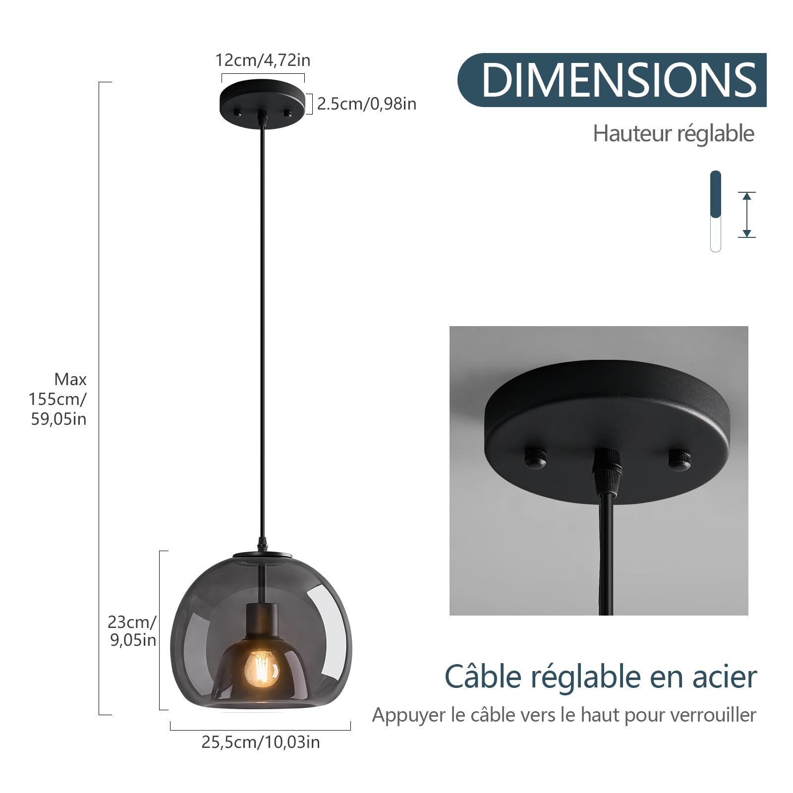 Globe Rauch Grau Glas Hängeleuchten Kücheninsel Schwarze Pendelleuchte Moderne Hängelampe 1-flammig E27 Retro Hängeleuchte für Schlafzimmer Kücheninsel Esszimmer