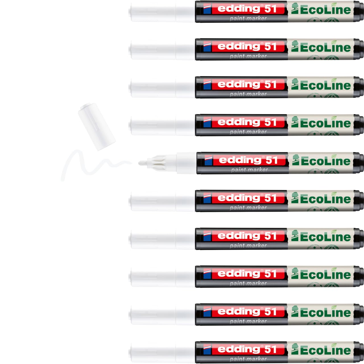 edding 51 EcoLine paint marker – white – pack of 10 – round nib 1-2 mm – water-based ink, highly opaque & waterproof – pen for glass, stone, wood, plastic and paper