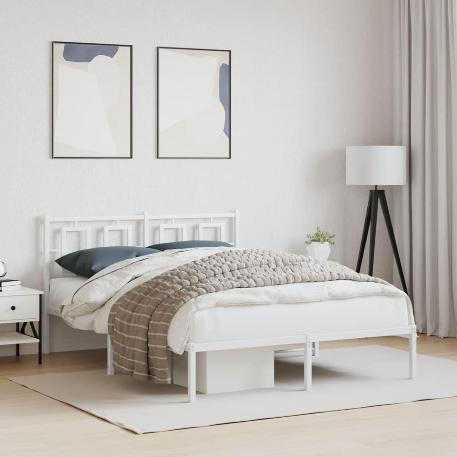 WGYHOME Rama łóżka 140 x 190 cm z zagłówkiem, kolor biały, stal – malowane proszkowo metalowe łóżko ze środkowymi nóżkami i wysokość 26 cm pod łóżko dla dorosłych