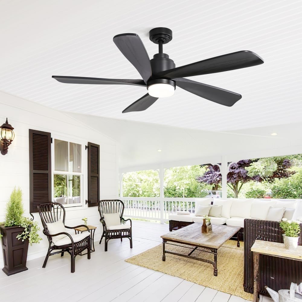 52 Inch Modern Ceiling Fan With Dimmable LED Light 5 Solid Wood Blades Smart Remote Control Reversible DC Motor (Black + Metal & Wood)