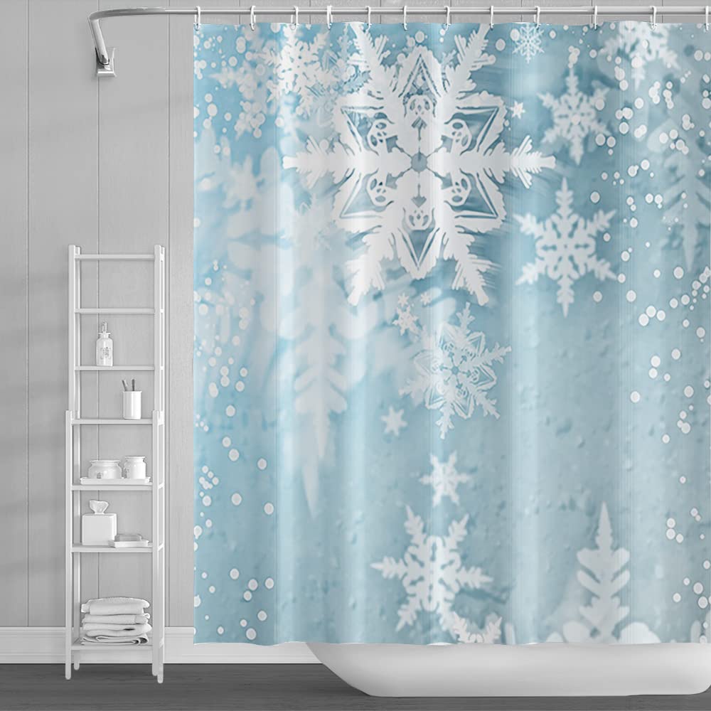 SDOTPMT 105x160cm Winter Snowflake Shower Curtain Merry Christmas Bathroom Curtain White Shinny Spots Sparkle Snow on Light Blue Bathroom Decor Waterproof Machine Washable with Hooks - Image 3