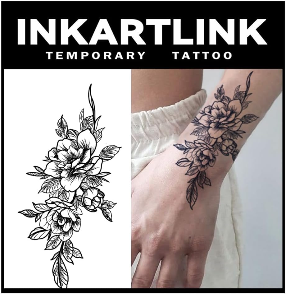 - INKARTLINK Tattoo Tech, 2 Sheets Large Semi Permanent Tattoo, Adult Art Design Temporary Tattoos, Lasts 1-2 Weeks, Waterproof, Realistic Look, No Adhesive, No Reflection (Peony Plain Flower Design)