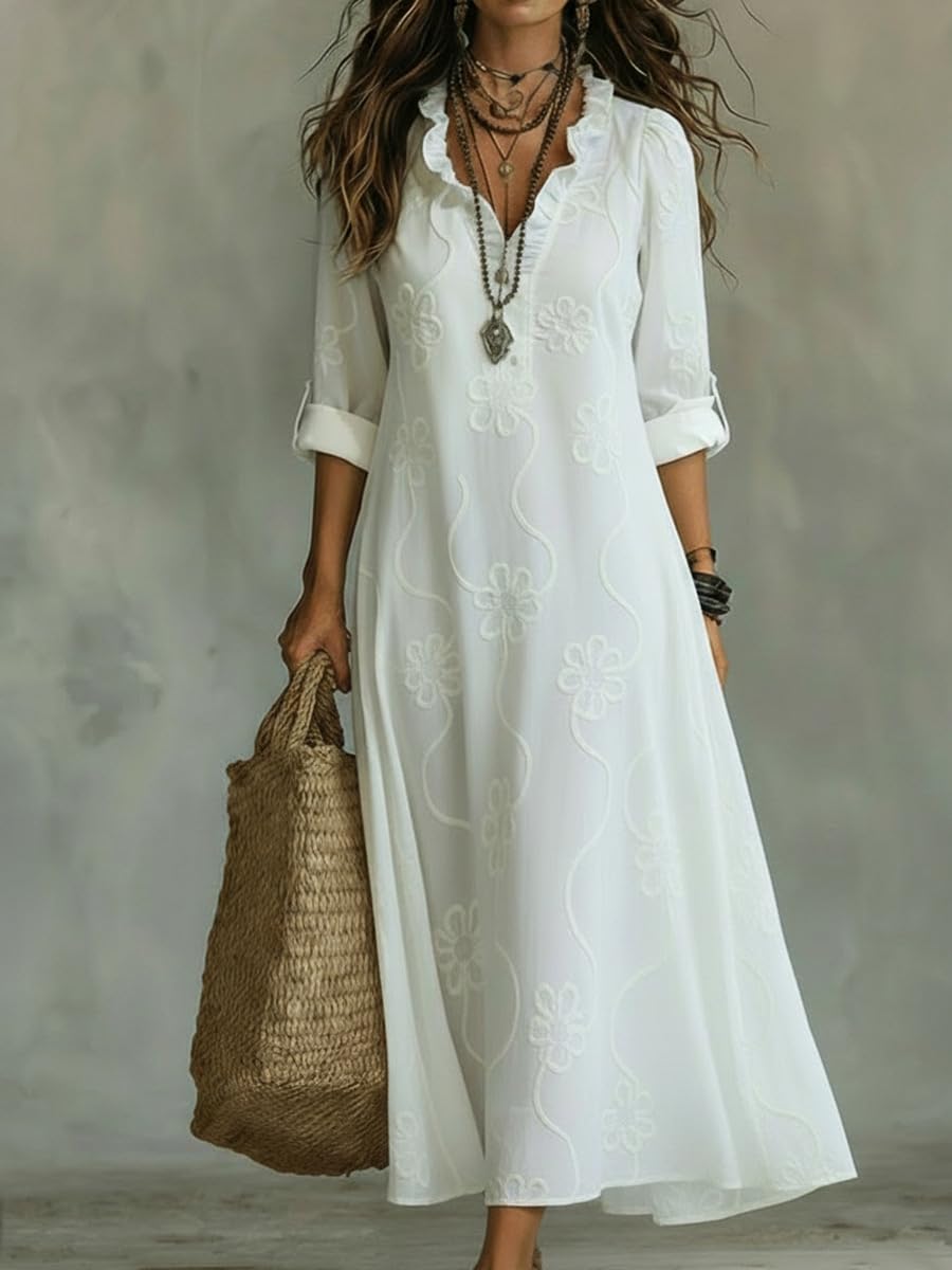 Vestido Camisero de Verano para Mujer Estilo Boho con Volantes, Bordado Floral y Mangas largas enrolladas — Túnica Casual de Playa Larga