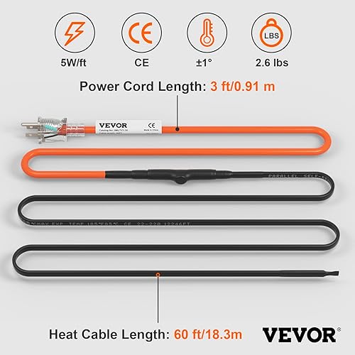 Miniatura 44 de VEVOR Cable de calefacción de tubería autorregulable, cinta térmica de 3 pies y 5 W/pies para protección contra congelación de tuberías, cable