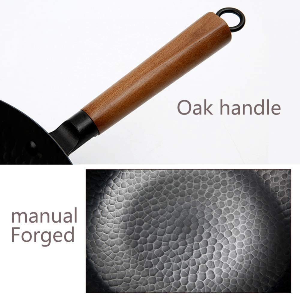 Handgehämmerter Eisen-Wok mit Holzdeckel, vorgebrannte Gusseisen-Bratpfanne zum Braten, Kochen und Frittieren