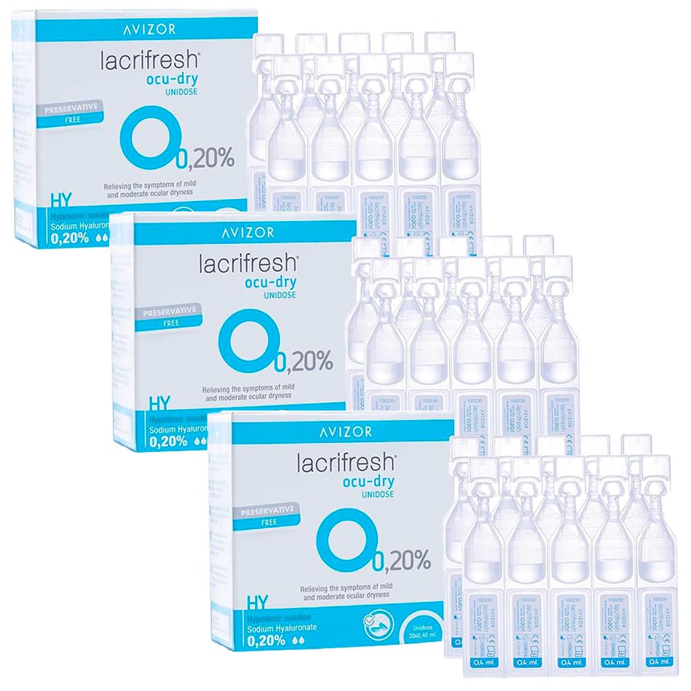Lacrifresh Ocu-Dry 0.20% Gotas Oculares para Ojos Pack 3x20 Ampollas 0,4 ml (60 Monodosis) Alivio de Sequedad, Irritación y Fatiga Visual Compatible con Lentillas Sin Conservantes