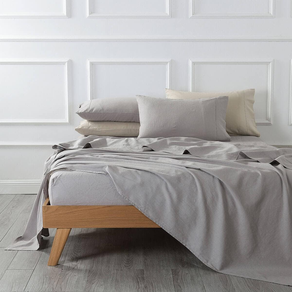 Royal Hotel Bedding Vintage Belgian Flax Linen and Cotton Blend Pillowcases, Hypoallergenic Pre-Washed Linen Cotton, Cool Breathable Percale Weave 150 GSM - 2pc Pillowcases Set, King Size, Gray