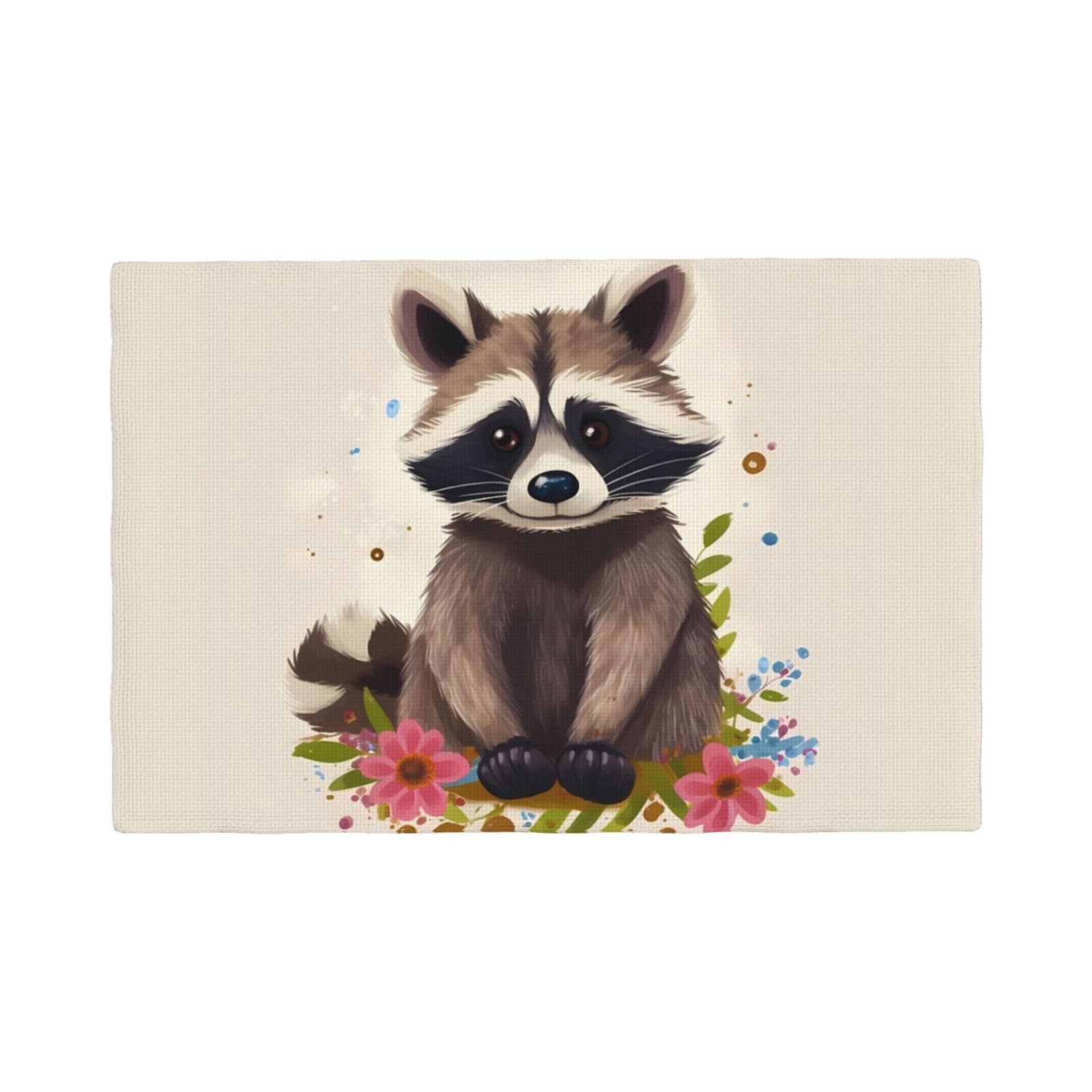 6PCS Linen Placemats Set Raccoon Place Mat for Dining Table 12x18 Inch Heat Resistant Place Mats Non-Slip Table Mats for Kitchen Weddings Party Decor Indoor/Outdoor