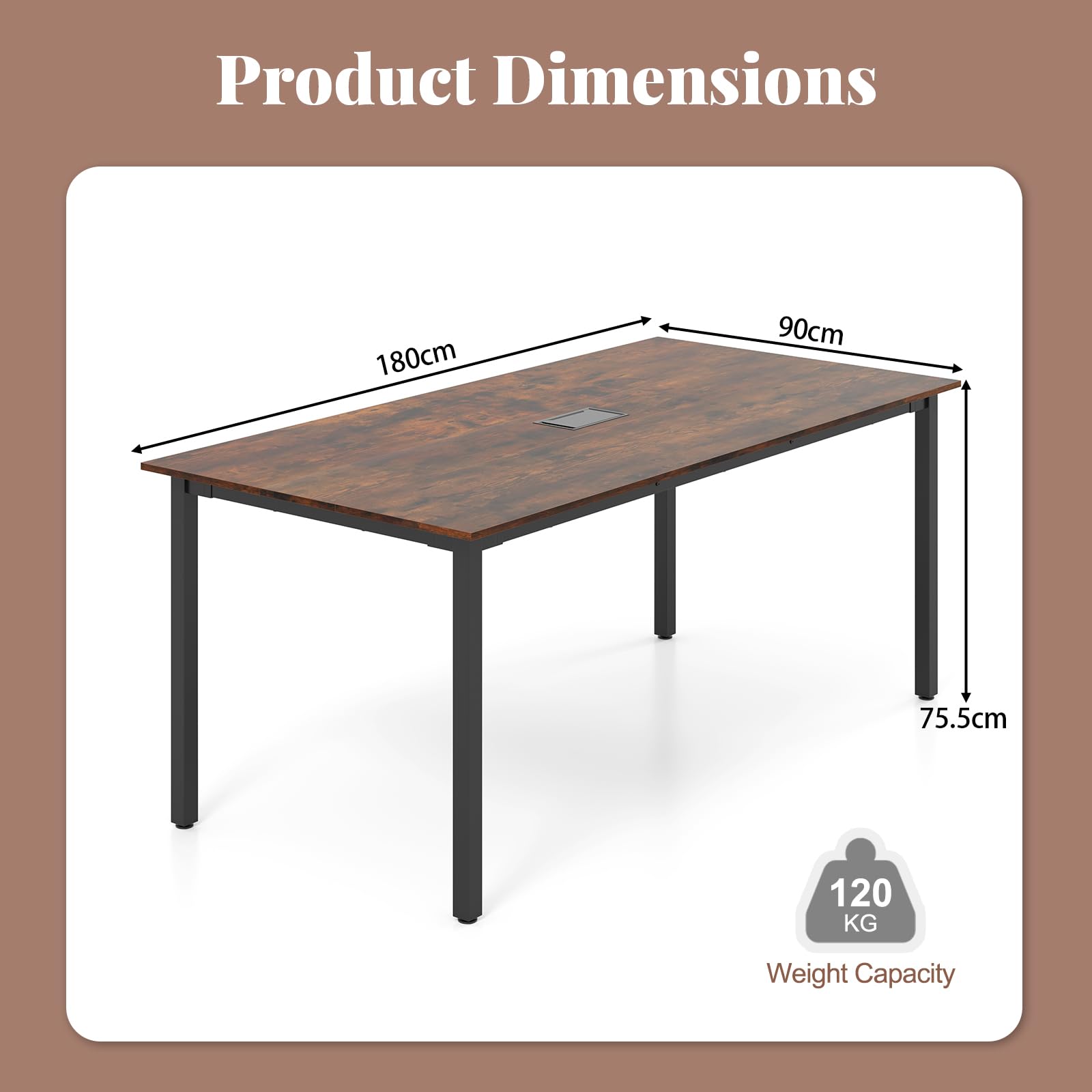 GIANTEX Konferenztisch, 180 x 90 cm Bürotisch mit Kabelloch, Metallbeinen, extra Langer Computertisch für Sitzungszimmer, Besprechungsraum, rustikales Braun, für 8-10 Personen