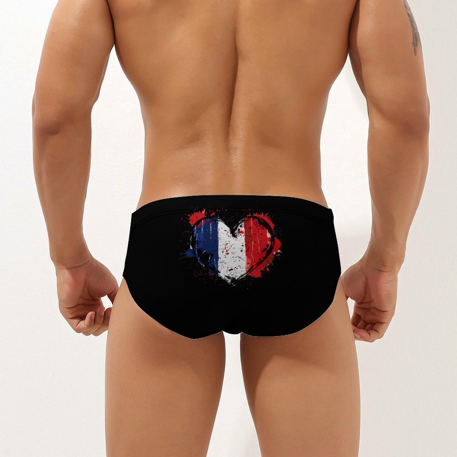 France Heart Vintage Flag Mens Swim Briefs Bikini Swimwear Print Beach Shorts Sexy Swimsuit M