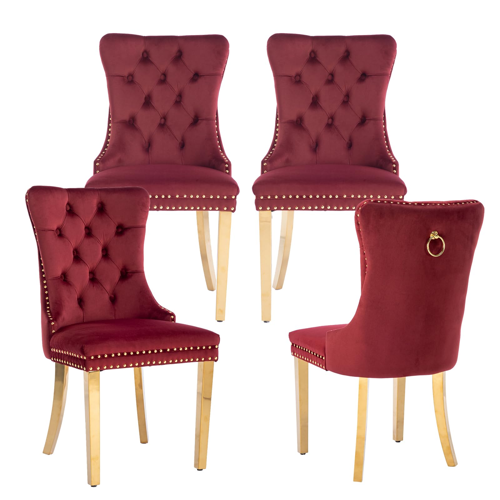 LKTART Dining Chairs Set of 4 Velvet Upholstered Tufted Back with Nailhead Trim and Back Ring Pull Decoration, Golden Stainless Steel Legs for Kitchen