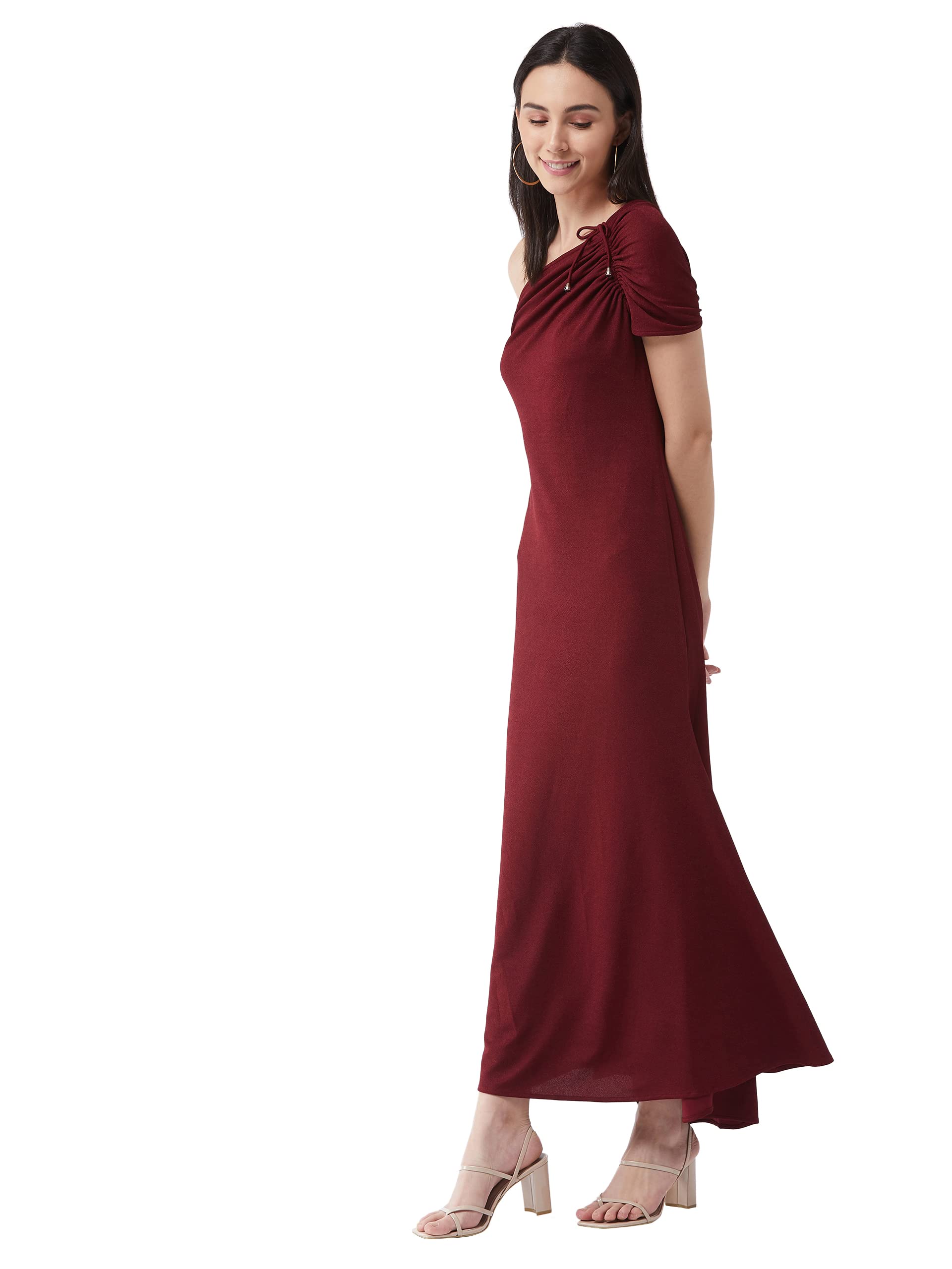 Miss Chase Women's Maroon One-Shoulder Half Sleeve Solid Ruching Maxi Dress(Mcaw21D13-39-143-05,Maroon,L)