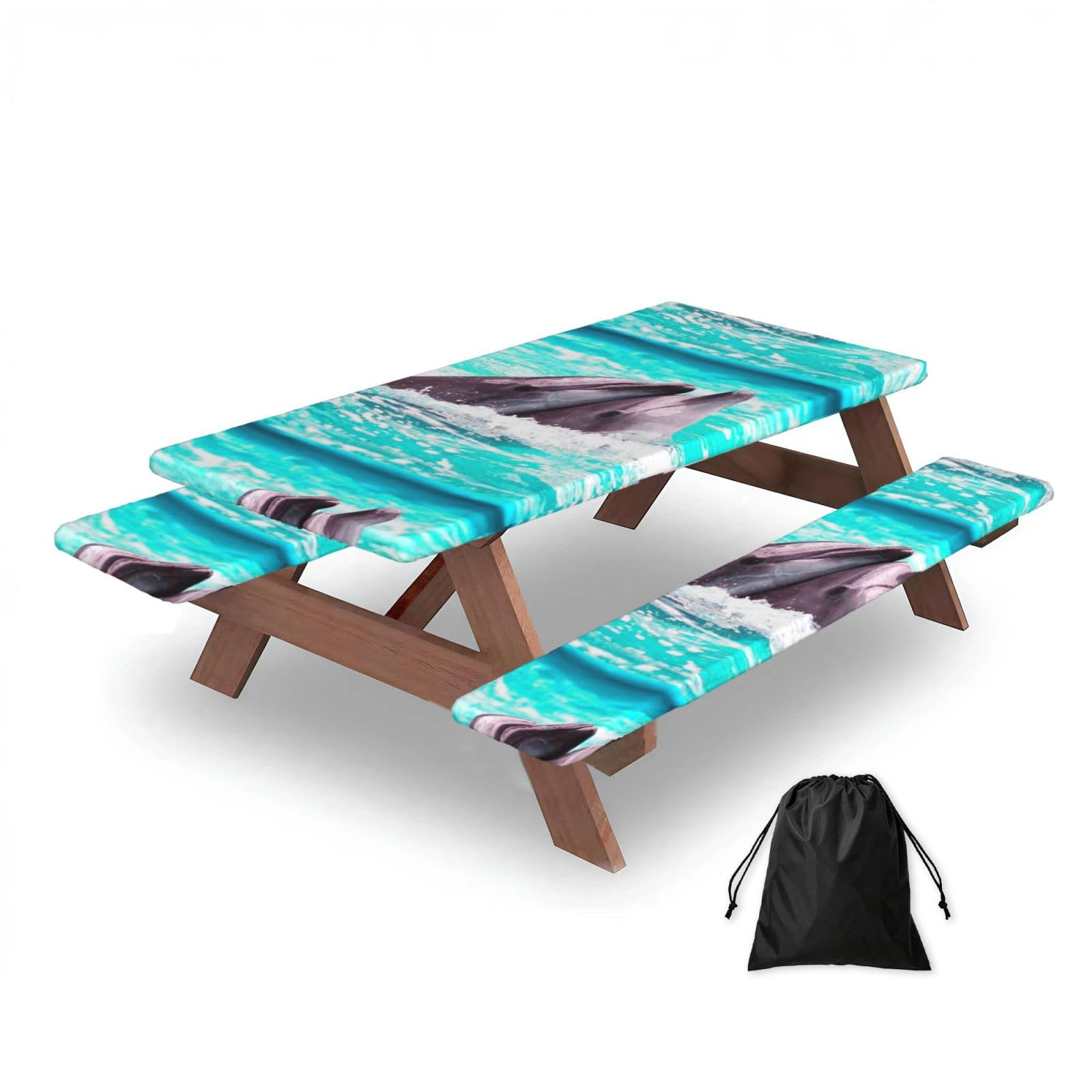 Dopklna As Picture Dolphin Printed, Picnic Table Cover With Bench Covers -Waterproof Elastic Fitted Tablecloth For Garden Camping Patio 76X152cm