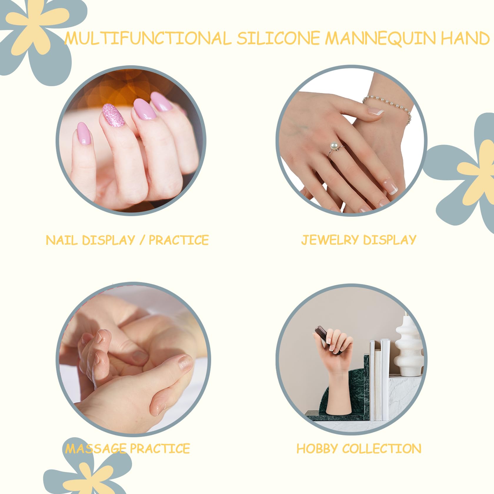 Mani realistiche in silicone per pratica delle unghie, manichino femminile in silicone modello mani finte con scheletro – espositore per gioielli manicure regalo di Halloween Pasqua – bianco