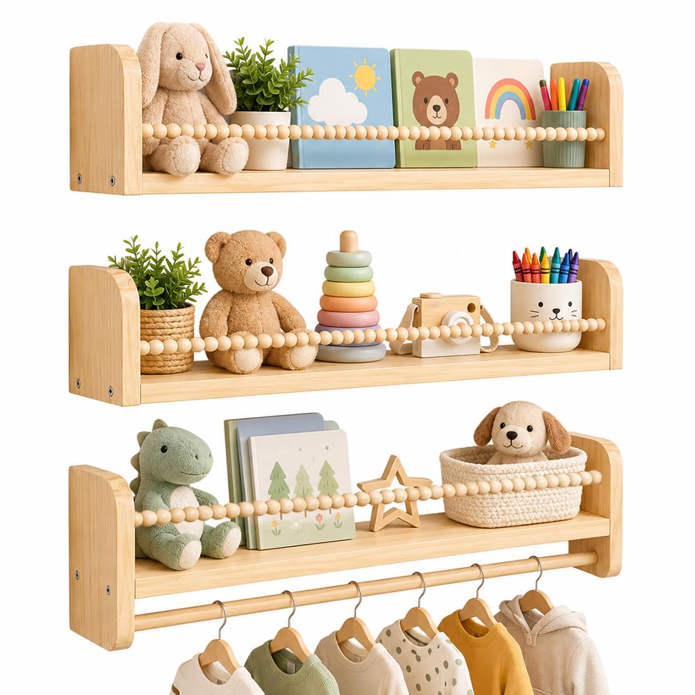 XPJBKC Nursery Shelves, 40cm Wooden Nursery Book Shelf Set of 3, Wall Mounted Bookshelves with Hanging Rail, Floating Book Shelves, Kids Shelves for Bedroom, Bathroom, Living Room