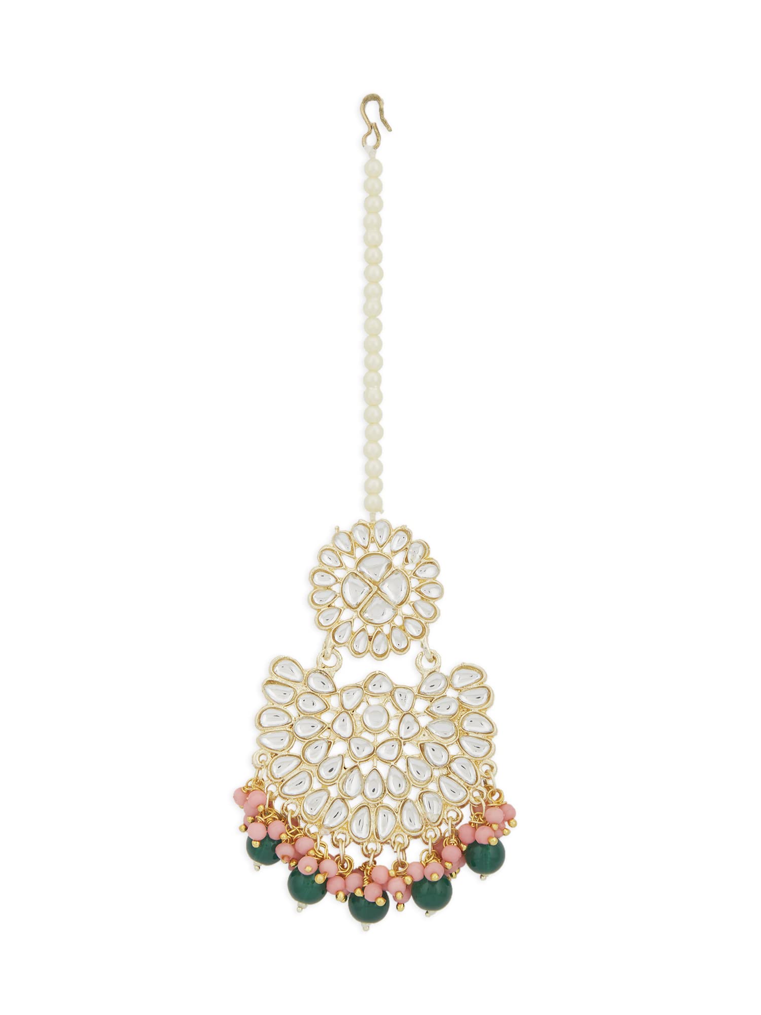Pink & Green Cluster Beads Drop Bridal Kundan Maangtikka For Women-ZPFK13562-image-17