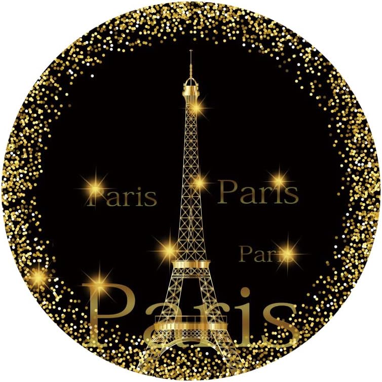 Miniatura 4 de Leyiyi Cubierta de fondo redondo de París con purpurina de 6 x 6 pies, diseño de torre Eiffel brillante, fondo de fotografía negro y dorado para