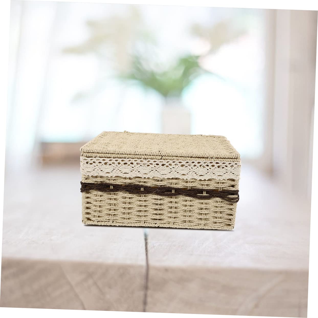 Cestino Rettangolare Intrecciato Portaoggetti Per Cosmetici Coperchio Grande Beige, Organizzatore Da Scrivania Per Oggetti e Decorazioni Casa, Per Soggiorno e Ufficio