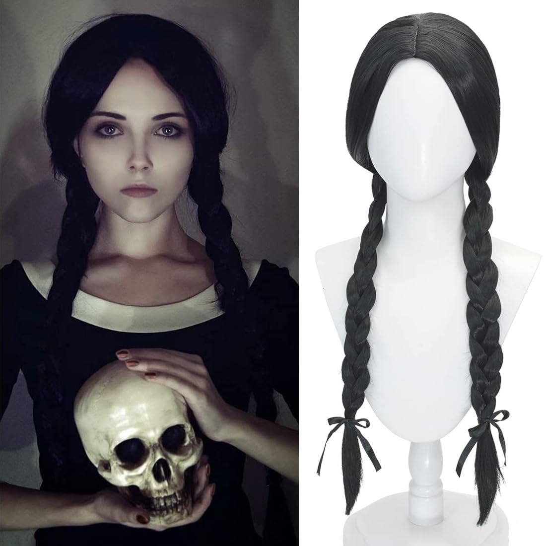 PORSMEER Wednesday Long Braided Wig Adams Ghosts Costume Wig for Women Halloween Gothic Costume Wigs, Wednesday wig