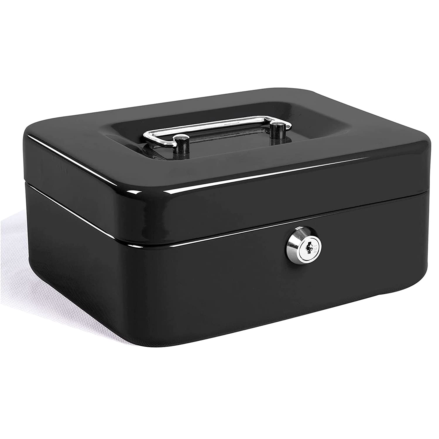 Large Cash Box with Key Lock, Portable Metal Money Box with Double Layer & 2 Keys for Security 20 * 16 * 9cm (XL, Black)