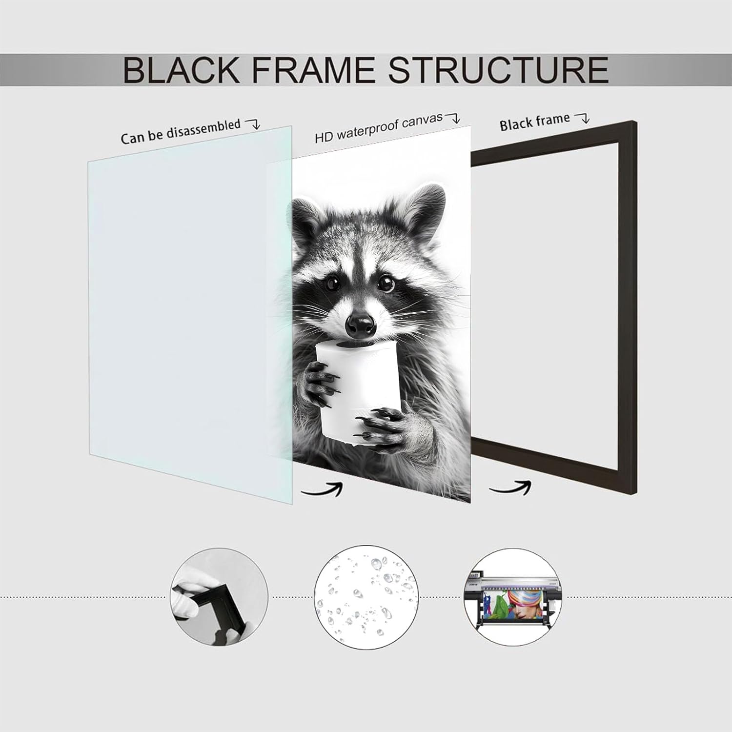 Vintage Fun Wall Art Black and White Raccoon with Toilet Paper Poster Framed Bathroom Wall Art Fun Bathroom Wall Mural Decor Home Bathroom Decor