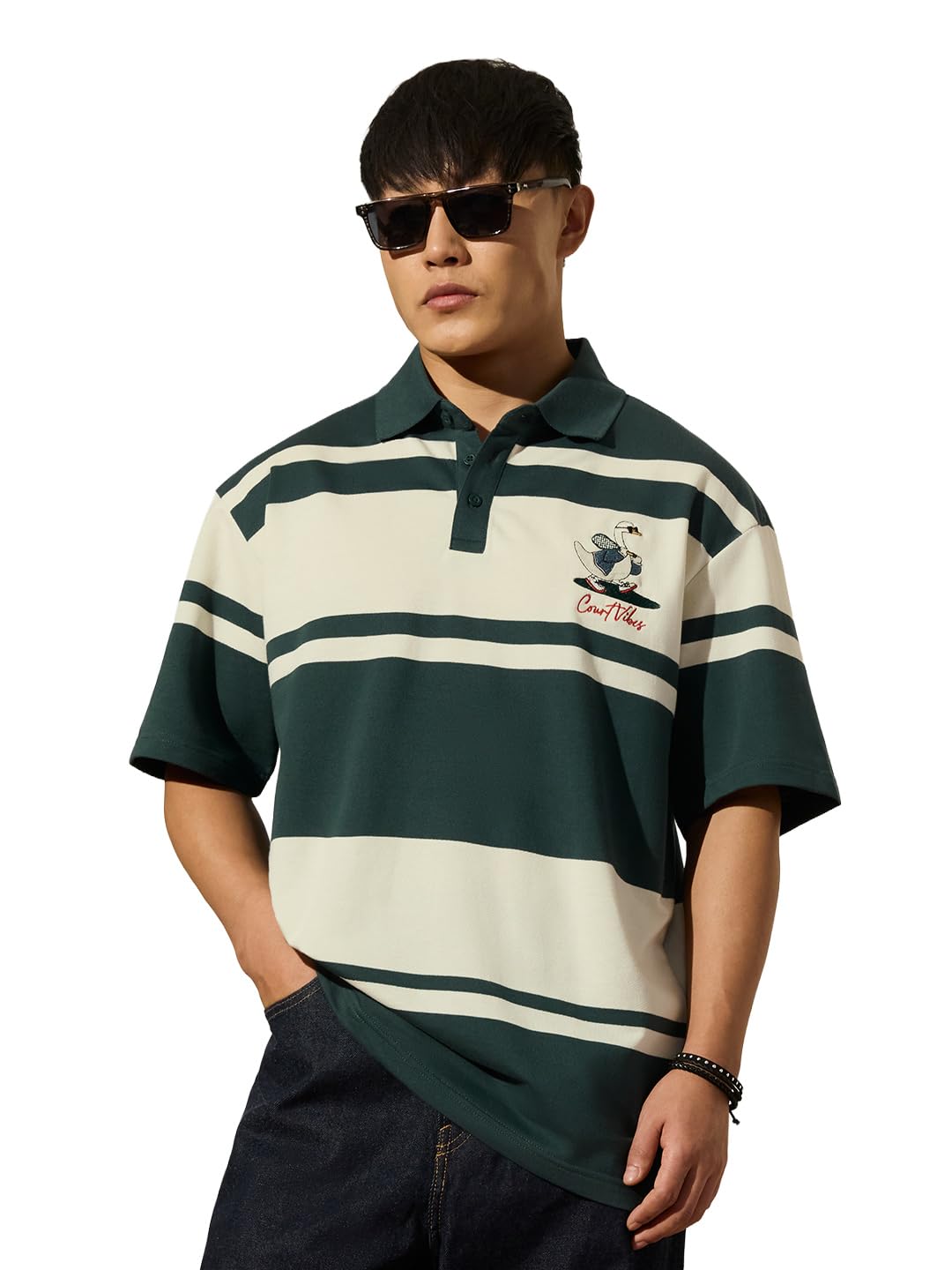 the souled store Oversized Polo: Court Vibes Men and Boys Short Sleeve Polo Neck Dark Green Embroidered Cotton Blend Drop Shoulder Breathable Retro Streetwear Casual Polos-picture-50