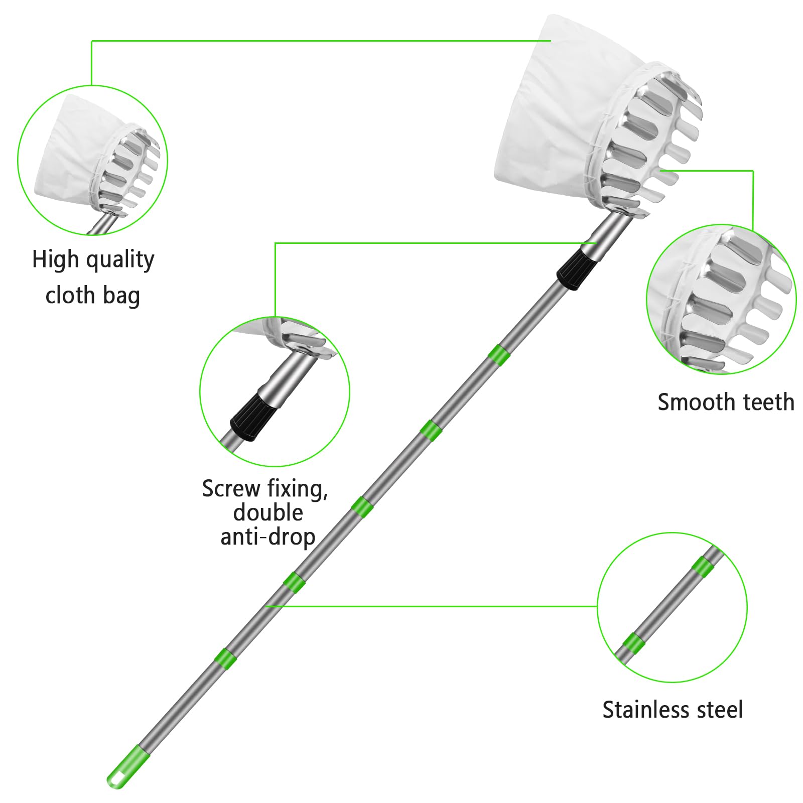 Raccogli frutta, 2,6 m, raccogli mele, aiuto per la raccolta di frutta, diametro 16 cm, manico telescopico in acciaio inox, lunghezza regolabile, facile da montare, adatto per raccogliere