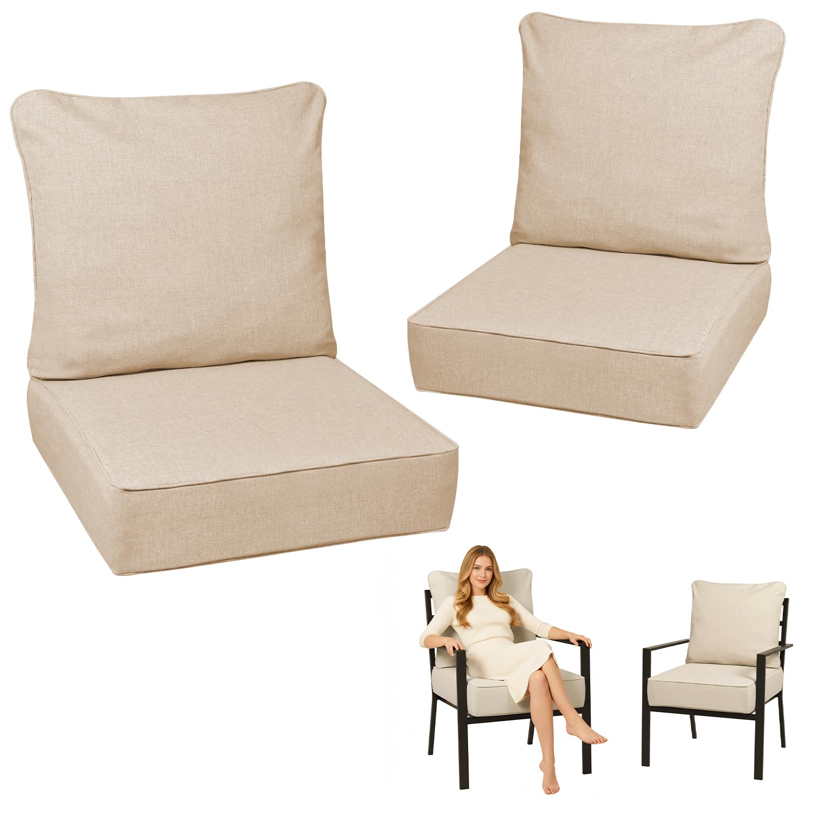 Photo 1 of UFavo Home 6 Inch Thick Outdoor Deep Seat Cushions for Outdoor Furniture Waterproof Patio Seat Cushions with Removable Cover and Adjustable Ties, 24x24x6 Inches Outdoor Chair Cushions Set of 2, Khaki
