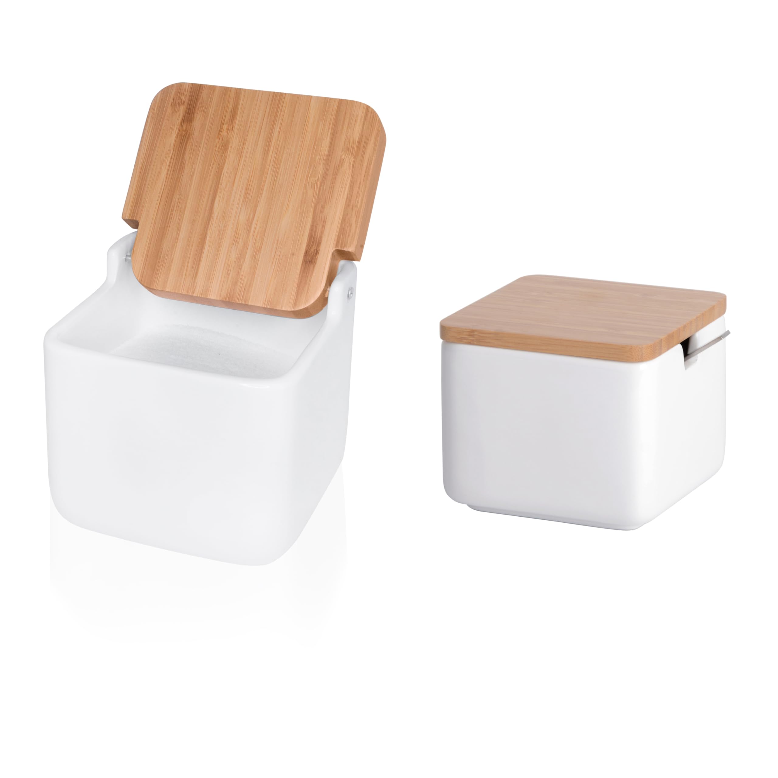 Kook Time Set Salt & Sugar White Kitchen Accessories Set - 2 Piece Set - Includes 1 X Salt Cellar With Swivel Lid And 1 X Sugar Bowl With Lid And Stainless Steel Spoon - Shiny White