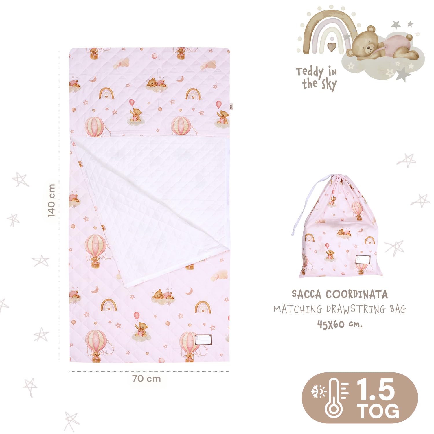 PERLETTI Sacco Letto Bambino Scuola Infanzia Tog 1.5 - Sacco a Pelo Lenzuolo Singolo Bambini da Viaggio Campeggio - Saccoletto Cotone con Bustina e Elastico per Fissaggio 70x140 cm