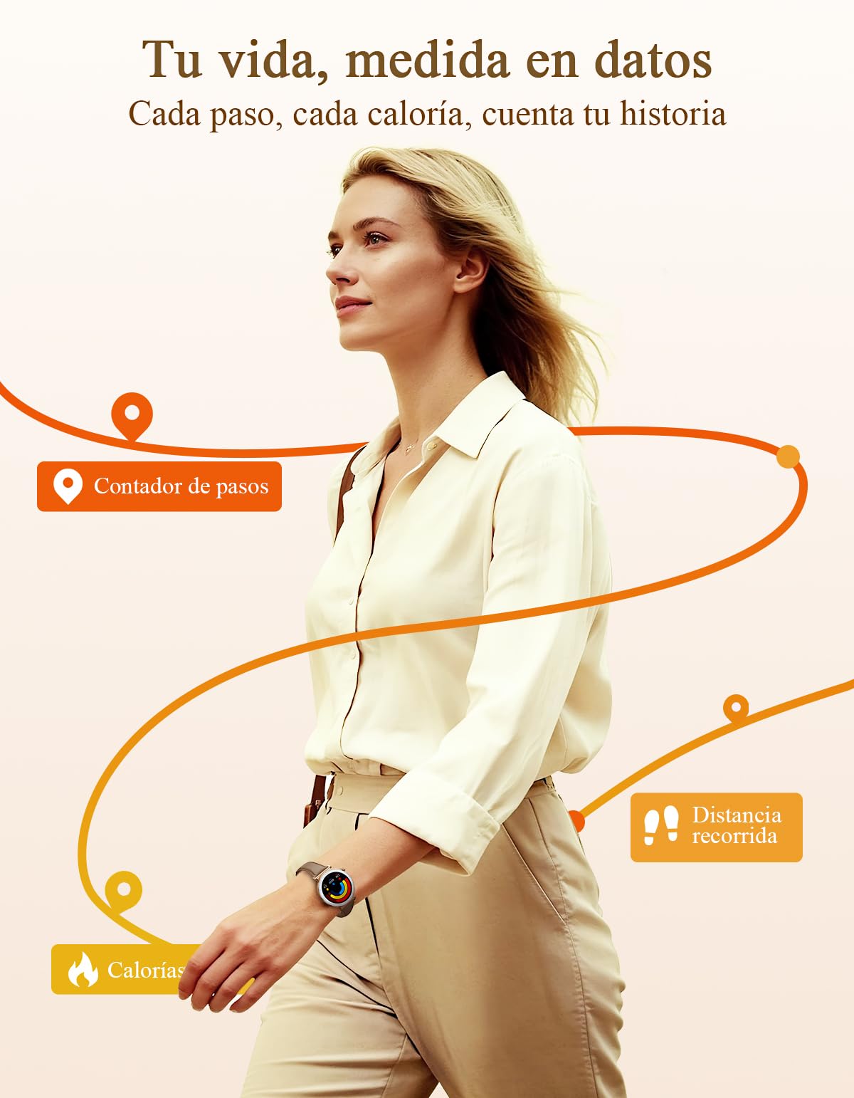 Reloj Inteligente Mujer - Elegante Pequeño, Pantalla AMOLED 1,19'' Smartwatch con Correa de Cuero, Podómetro, Pulsómetro, Sueño, IP68 Pulsera Actividad para Android iOS, Oro Rosa/Marrón