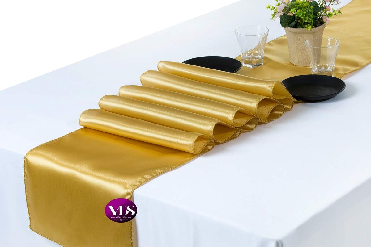 VDS Pack of 10 Satin Table Runners Charmeuse Sateen Silk Centerpiece Cloth Linen for Wedding Birthday Graduation Engagement Ceremony Event Party Banquet Table Decoration (12x108 inch)(Gold)