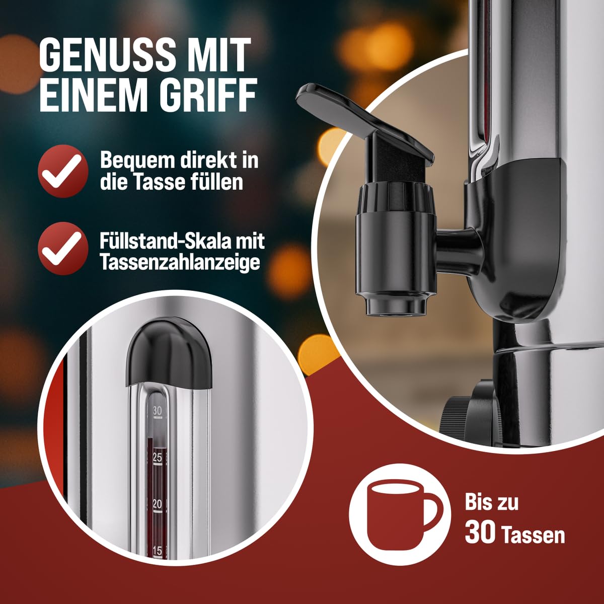 MONZANA Glühweinkocher 6,8L mit Zapfhahn Tropfschale Thermostat 30-110°C Heißgetränkespender Edelstahl Einkocher Punschkocher Heißgetränkeautomat