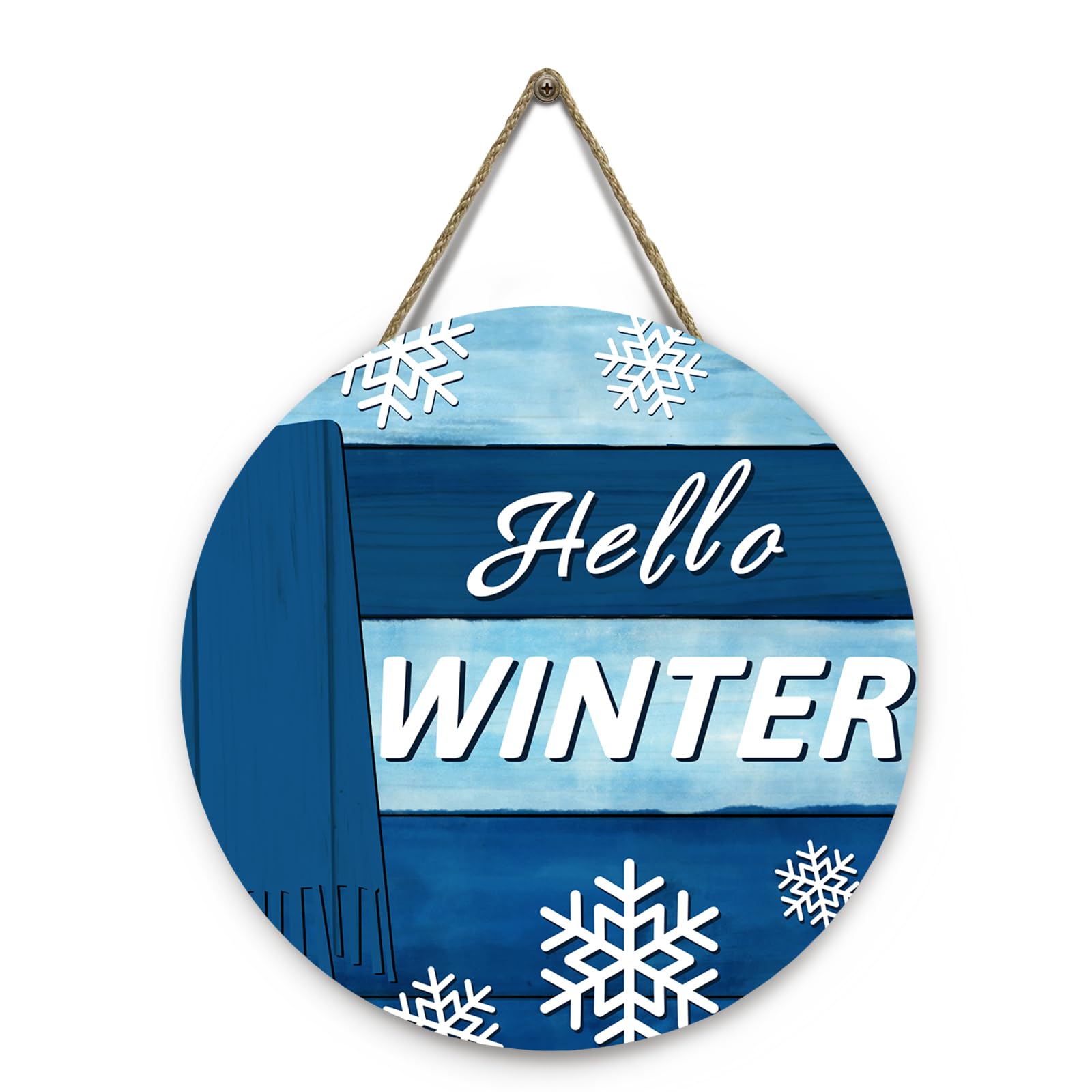 Hello Winter Door Sign for Front Door Blue Snowflakes Scarf Door Hanger Winter Wooden Porch Wall Hanging Sign for Home Outdoor Xmas Decoration 12x12 Inch
