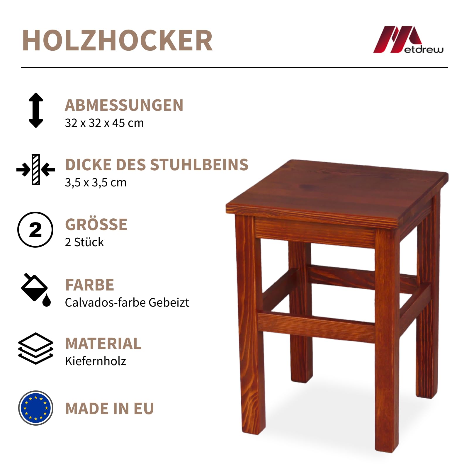 Holzhocker | Holzhocker 32 x 32 x 45 cm | Küchenhocker | Quadratischer Hocker | Rustikaler Stil | Einfacher Hocker | Holzschemel | Farbe: Calvados-Farbe gebeizt | 2 Stück