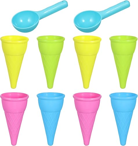 Kisangel Juego de 10 piezas de cono de helado de plástico para niños, juego de cucharadas de helado al aire libre, juguetes de arena para juegos de
