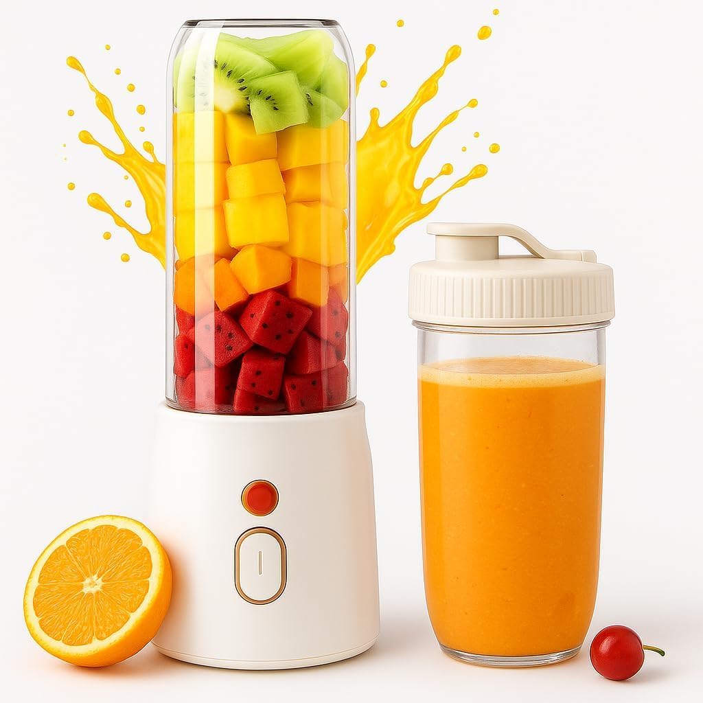 Portable 500ml Mini Juice Blender, Fruit Mixer Juicer, Rechargeable Personal Smoothie Maker with 6 Blades for Shakes & Travel Cup with Extra Cup (White)