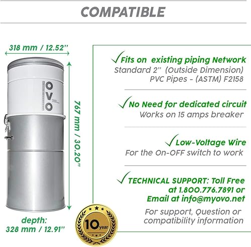Miniatura 7 de OVO Potente sistema de aspiración central resistente de 700 Airwatts, filtración híbrida (con o sin bolsas desechables) contenedor de polvo de carga