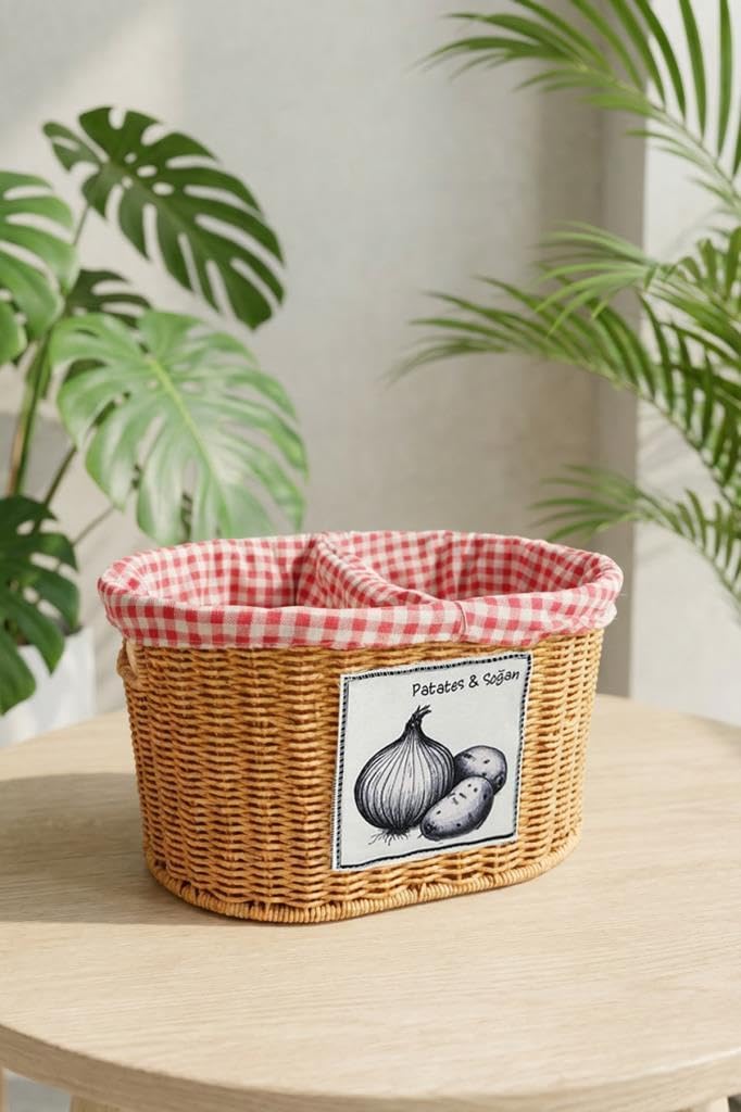 Digithome Oval Rattan Hasır Patates Soğan Çift Bölmeli Sepet Düzenleyici Organizer -9T03