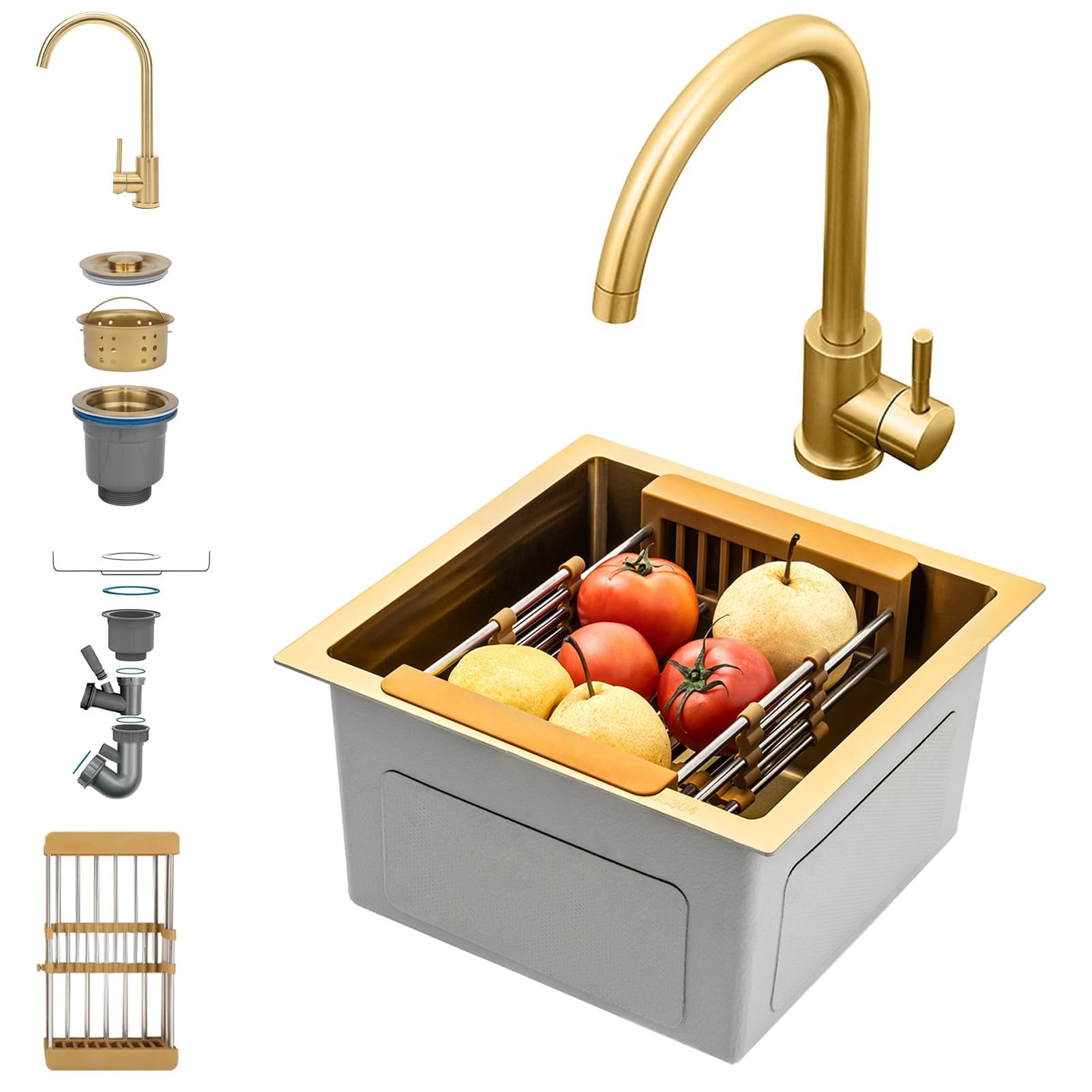 ZQFHSX Gold Stainless Steel Bar Prep Sink with Faucet, Undermount/Drop-in Single Bowl Golden Drain Strainer, Compact Workstation Set, RV & Kitchen Sink(Gold#1,45x45cm)